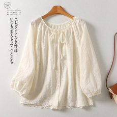 批发实拍·春季文艺<b class='q'>棉麻</b>刺绣长袖衬衫简约系带绣花<b class='q'>上衣</b>女
