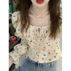 批发法式气质泡泡袖长袖系带<b class='q'>碎花</b>衬衫女设计感小众雪纺<b class='q'>上衣</b>