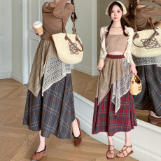 批发实拍 不规则拼接撞色格子半身裙女2026春季高腰显瘦休闲A字大摆裙