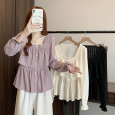 批发实拍2026春装新款<b class='q'>胖</b><b class='q'>mm</b>大码女装法式荷叶边方领缕空娃娃衫小衫上衣