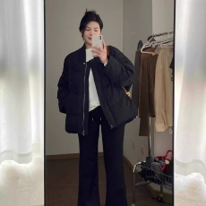 批发棒球领棉服外套女冬季大码胖mm韩系减龄高级黑色<b class='q'>棉衣</b>微喇裤子套装
