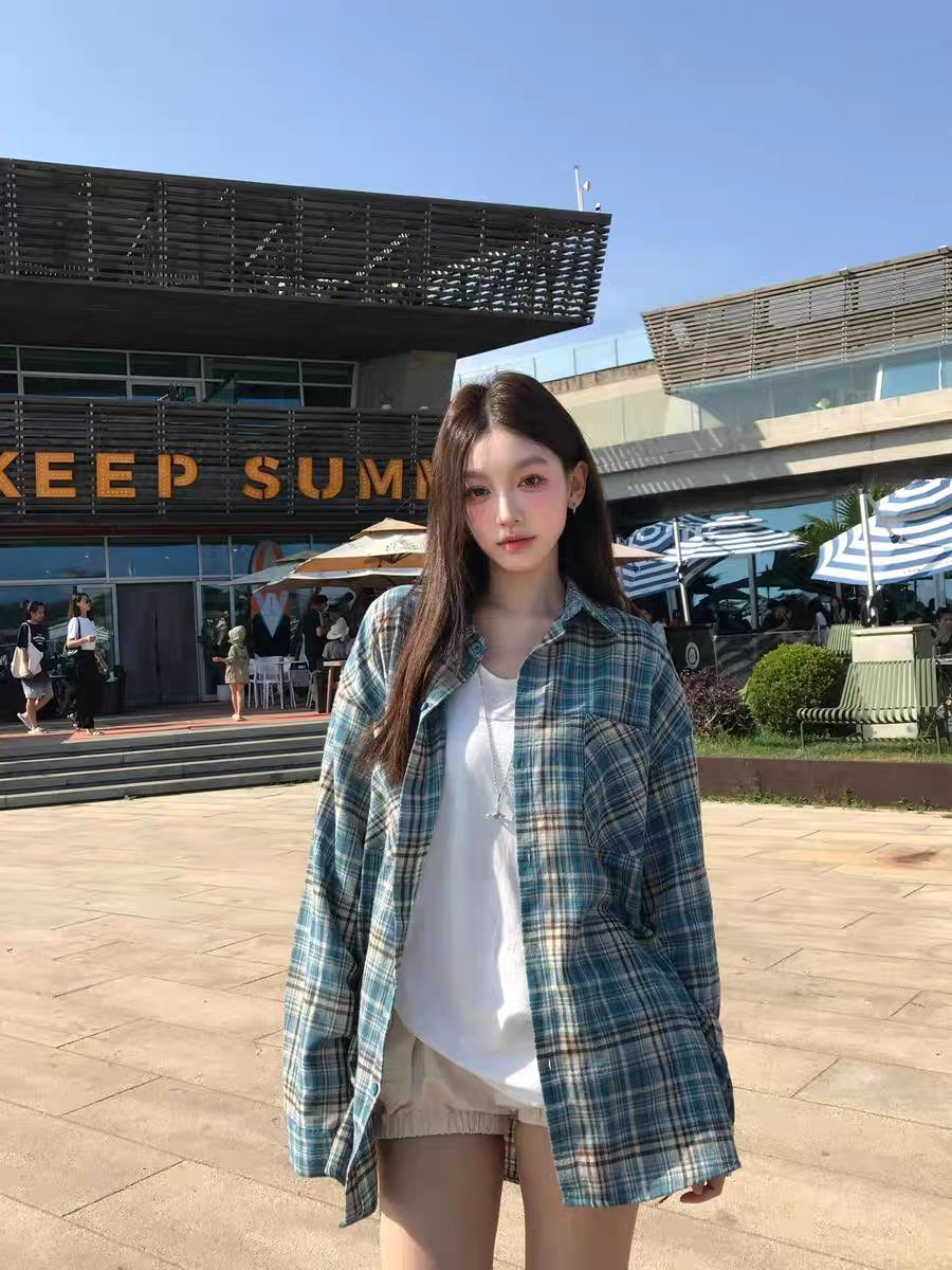 거친 가장자리 한 부서 체크무늬 레트로 긴팔 여성 셔츠 봄 가을 연삭 털 자외선 차단 셔츠 느긋한 바람 프랑스식 맨위 재킷