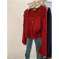 批发官图 红色v领毛衣<b class='q'>宽松</b>慵懒高级感<b class='q'>针织衫</b>打底内搭女上衣设计感小众