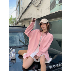 批发实价韩系别致撞色衬衫外套女装长袖2026春季设计感polo领粉色上衣
