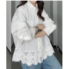 批发法式花边拼接白色衬衫女木耳边设计感小众宽松长袖上衣