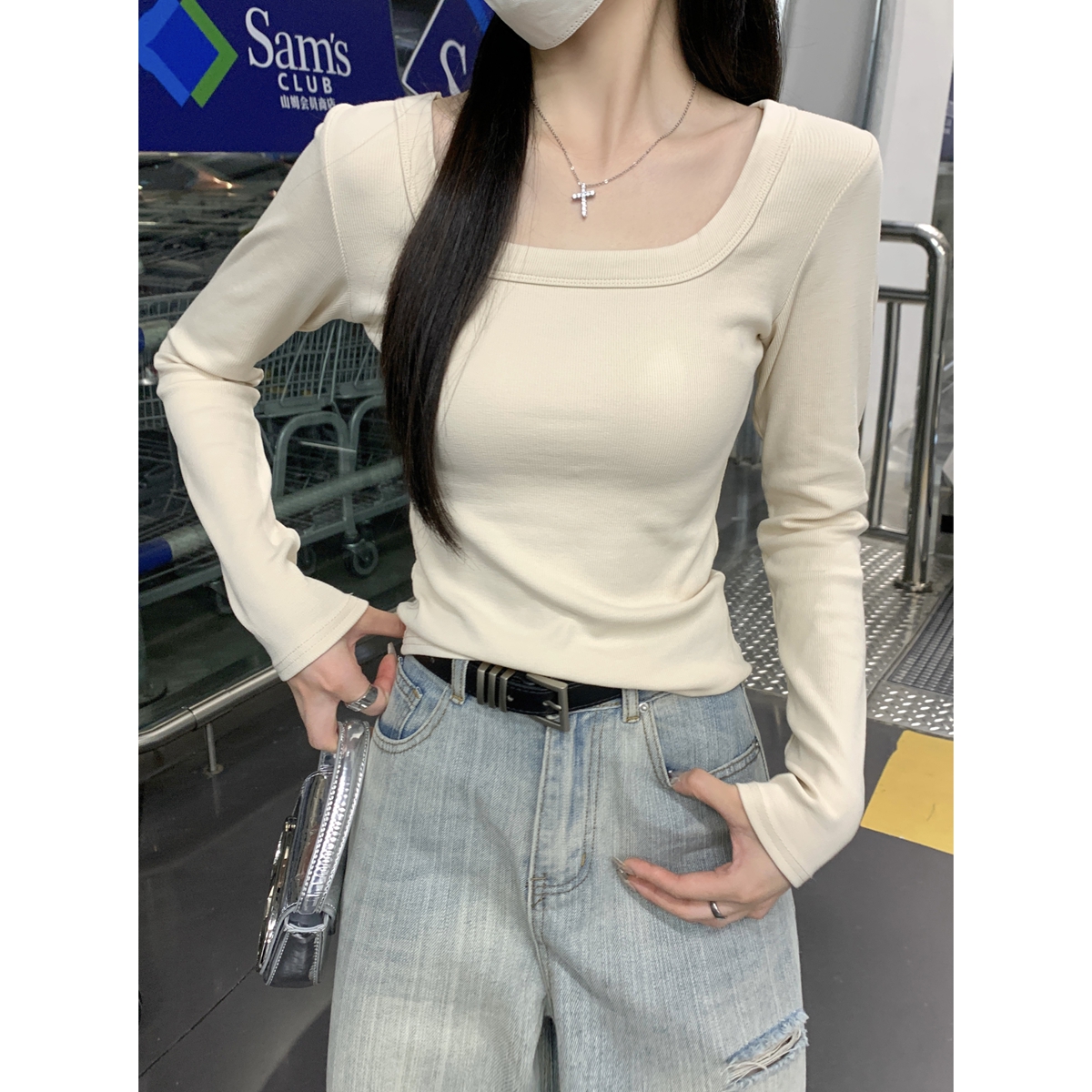실사 정가 봄 한국 스타일 순수한 욕망 몸매 가꾸기 핫걸 광장 칼라 단색 기초 다용도 긴팔 티셔츠 만나는 맨위