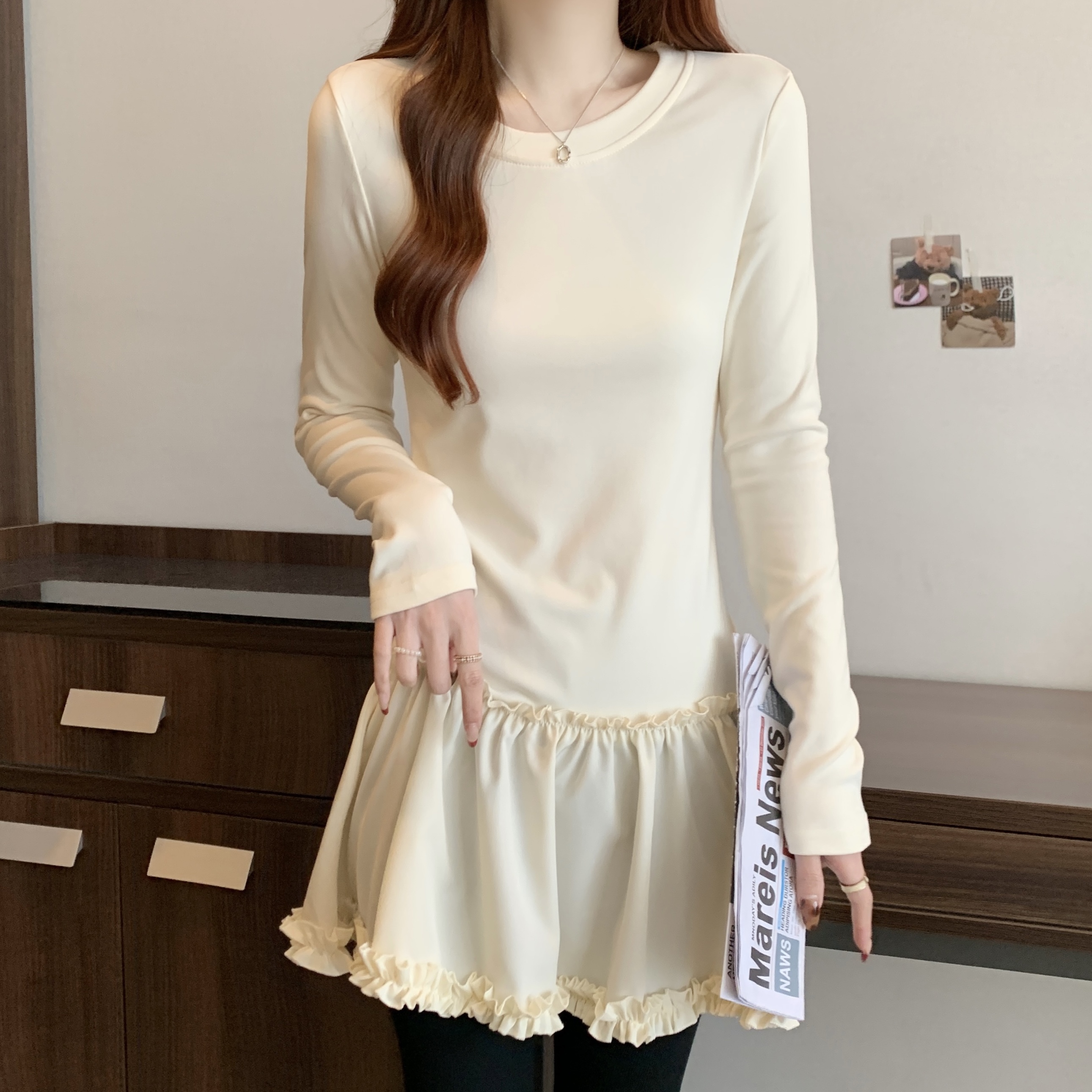 MY518# 新款大码胖mm圆领长袖柔软花褶下摆叠穿打底裙女裝貨源服裝批發
