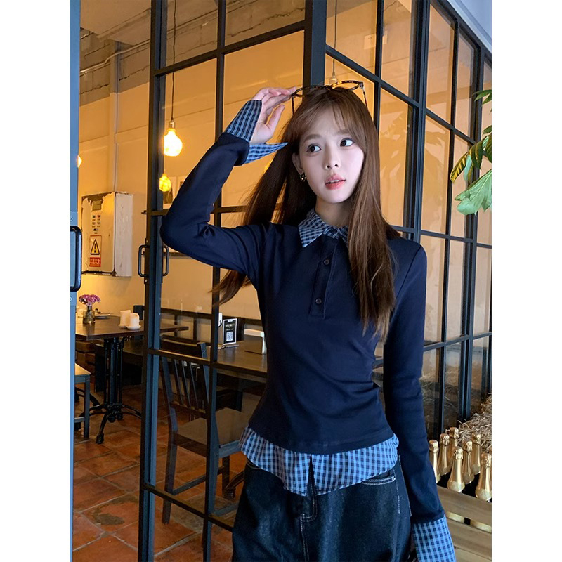 원본 솜씨 POLO 칼라 페이크 레이어드 기본 셔츠 여성 봄 새로운 인사이드 가져 가라. 디자인 센스 패션 몸매 가꾸기 맨위