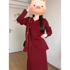 批发冬装搭配一整套大码胖mm新年红色针织毛衣半身裙新中式两件套装女