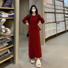 批发冬装搭配一整套大码胖mm新年战袍红色针织毛衣裙子减龄漂亮套装女