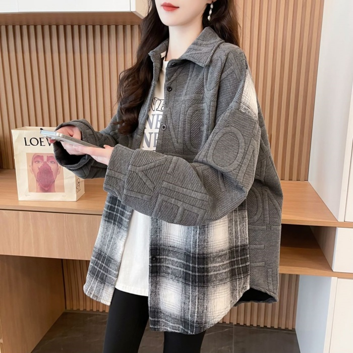 실사 원본 솜씨 자카드 원단 가을 겨울 느긋한 바람 패치워크 셔츠 루즈핏 디자인 센스 후드티 재킷
