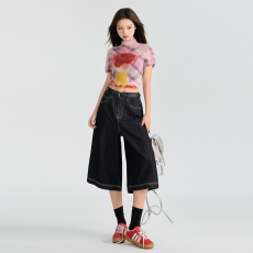 批发不掉色&丹宁深蓝阔腿七分牛仔裤女2025春夏<b class='q'>新款</b>高腰宽松垂感裤子