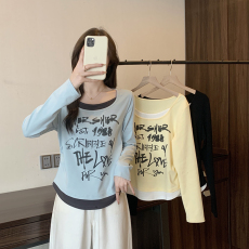 批发实拍2026春装新款<b class='q'>胖</b><b class='q'>mm</b>大码女撞色拼接假两件字母印花长袖上衣T恤