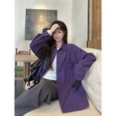 批发显白高级感灯芯绒百搭polo领衬衫女2025<b class='q'>春</b>季新款别致紫色上衣外套