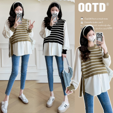 批发实拍秋装新款2025孕妇装时尚条纹拼接假两件衬衫百搭娃娃衫上衣