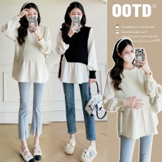 批发实拍秋装新款2025孕妇装时尚上衣拼接设计感开叉假两件衬衫娃娃衫