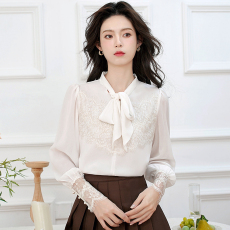 批发小香风系带雪纺衬衫女2026春秋新款白色睫毛<b class='q'>蕾丝</b>拼接<b class='q'>打底衫</b>上衣