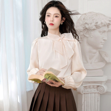 批发2026春秋高级感缎面衬衫设计感小众衬衣法式气质<b class='q'>欧根纱</b>蝴蝶结<b class='q'>上衣</b>
