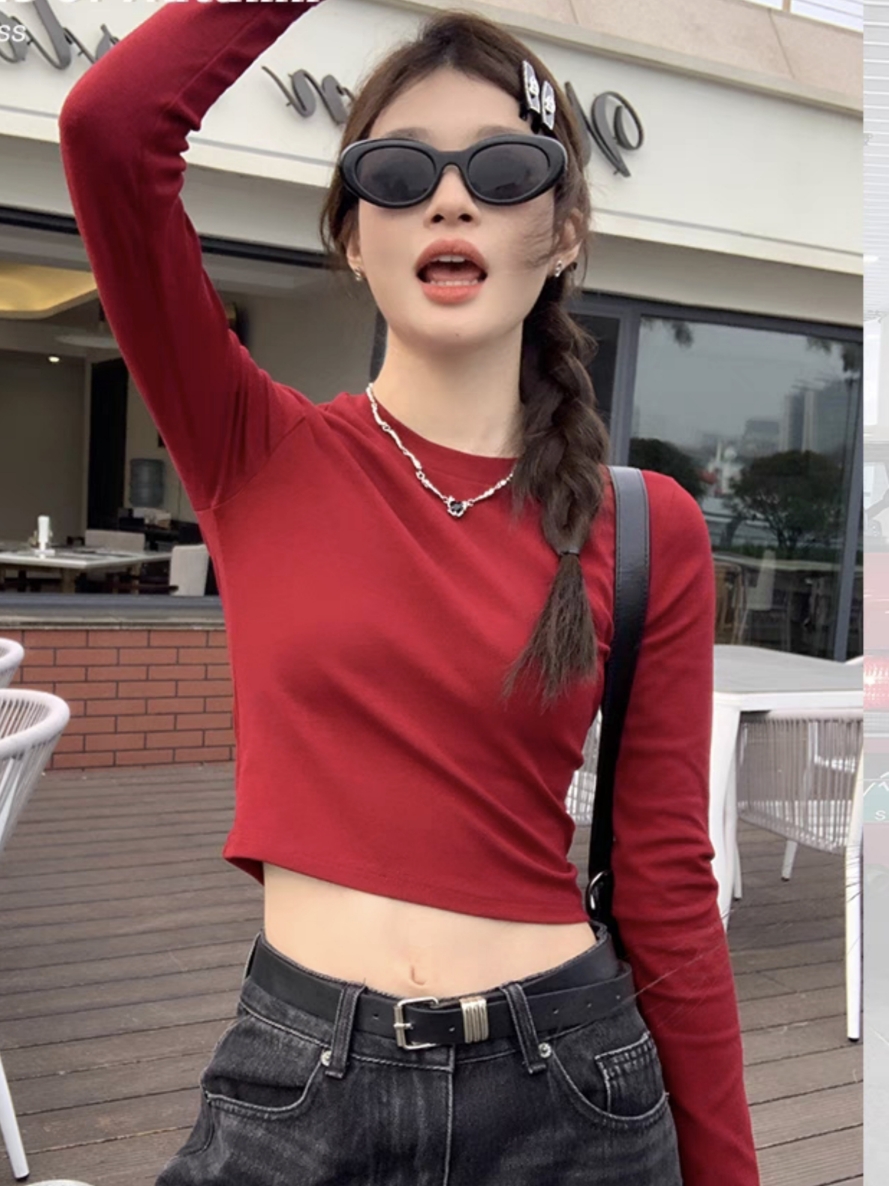 노래 긍정적 인 En 여성 의류 빨간색 티셔츠 여성 긴 소매 짧은 단락 단단한 뜨거운 소녀 맨위 봄 드레스 코튼 슬림 피트 긍정적 인 어깨 동정