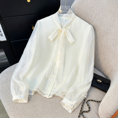 批发2026春新款灵动仙气长袖蝴蝶结飘带欧根纱衬衫上衣女