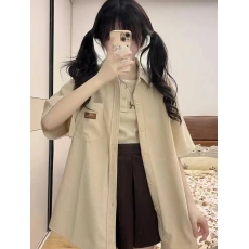 批发设计感新款夏季港风复古简约绣标短袖衬衫女<b class='q'>街头</b>潮牌宽松百搭衬衣