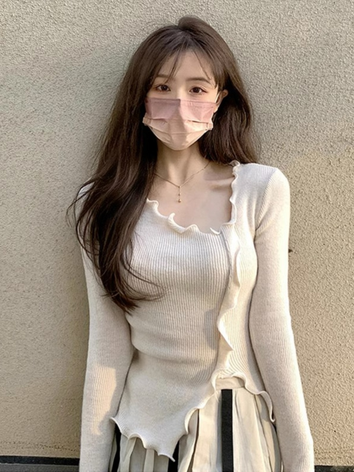 원본 버전 나무 귀 불규칙한 니트웨어 여자 가을 프랑스어 짧은 단락 인사이드 가져 가라. 만나는 긴 소매 맨위