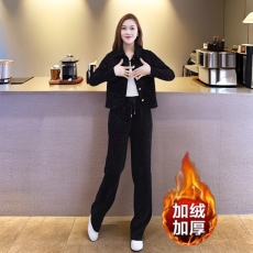 批发现货2025秋冬款加绒休闲<b class='q'>运动服</b>保暖开衫短款外套长袖两件套装#894