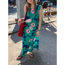 批发波西米亚绿色花朵无袖背心<b class='q'>连衣裙</b>多巴胺度假风宽松大摆艺术感长裙