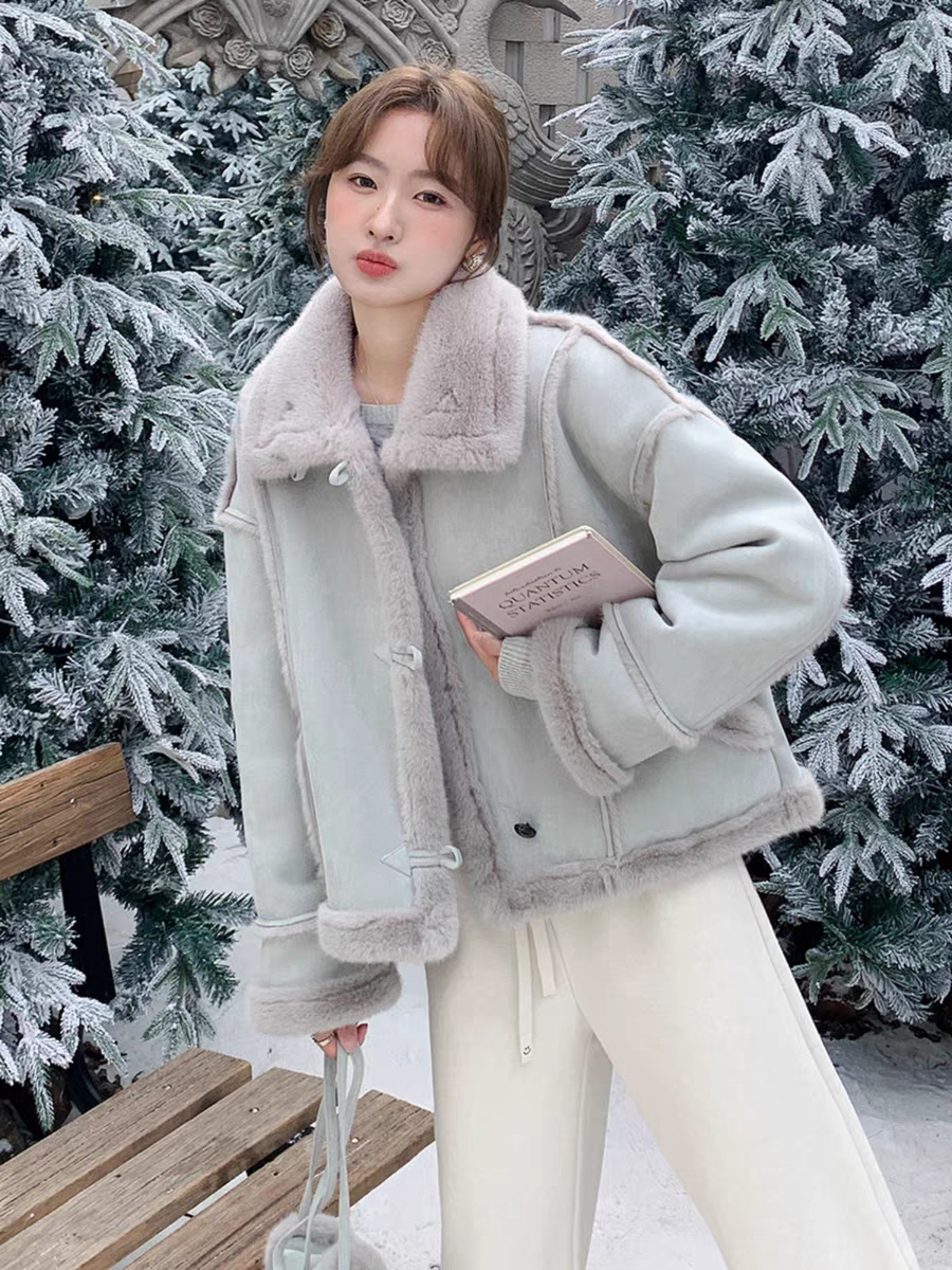 하늘색 모피 하나 외투 겨울 여자 새로운 작은 남자 디자인 센스 두꺼운 짧은 단락 어린 양 머리 코튼 코트 조수