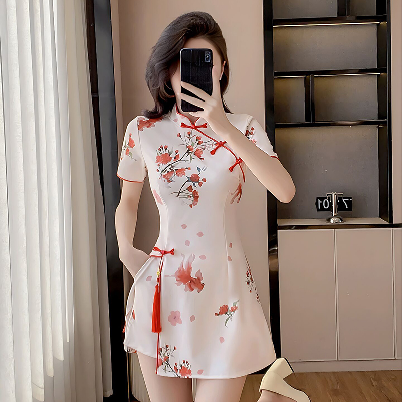 실제 촬영 새로운 새로운 중국어 국가 바람 패션 정장 작은 남자 청섬 복장 숙녀분 바람 점프 슈트 치마 정장
