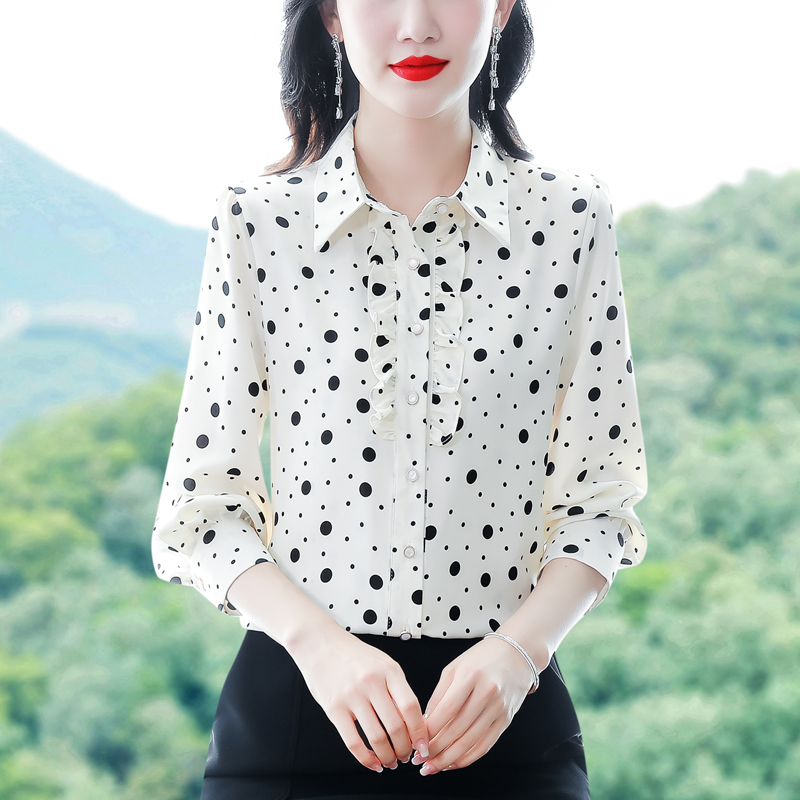 2025 봄 새로운 실크 셔츠 여성 긴 소매 품격 도트 무늬 표지 배 슬림해 보이는 고급 뽕나무 누에 실크 외국 가스 셔츠