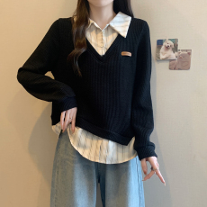 批发<b class='q'>实拍</b>2025秋装新款胖mm大码女拼接假两件条纹长袖卫衣正肩显瘦上衣