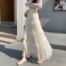 批发实拍蕾丝拼接半身裙女2026春季新款宽松中长蛋糕裙A字大摆半裙子