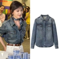批发新款章<b class='q'>若</b>楠明星同款复古<b class='q'>蓝</b><b class='q'>水</b>洗牛仔衬衫女内搭长袖上衣