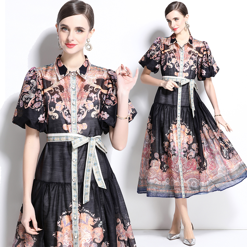 MY17520# 新款复古翻领修身泡泡袖印花两件套连衣裙女裝貨源服裝批發