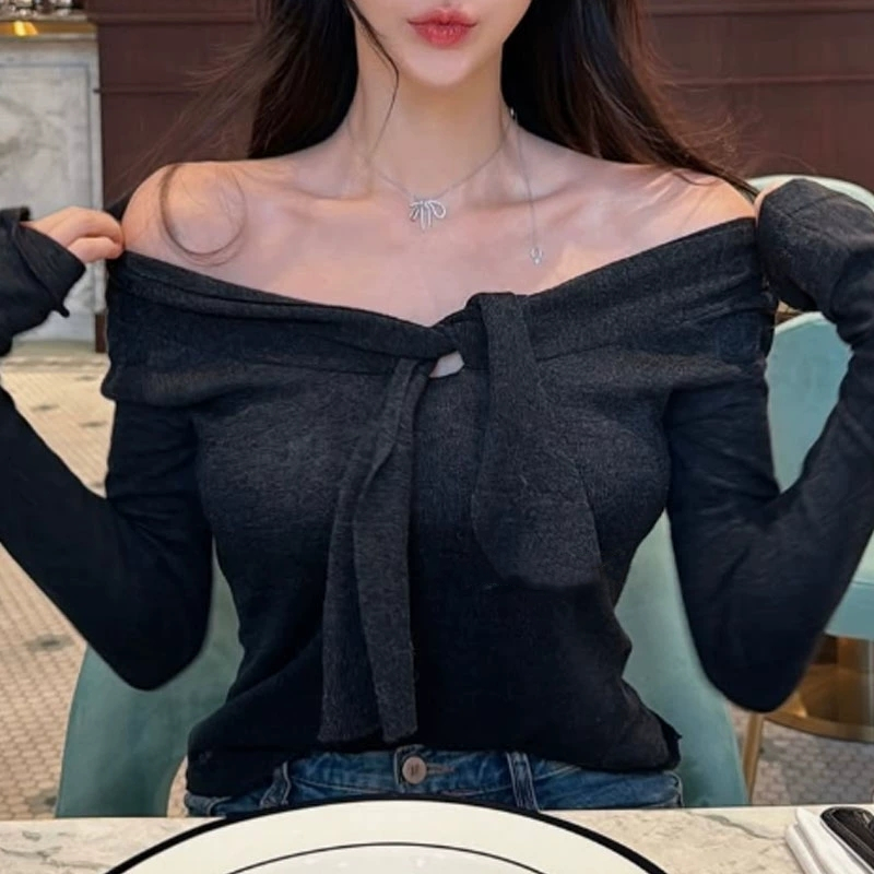 한국 동대문 봄과 여름 새로운 기질 슬림 피트 이슬 쇄골 레이스 디스플레이 몸 얇은 섹션 마이크로 ~을 통해 니트웨어 티셔츠