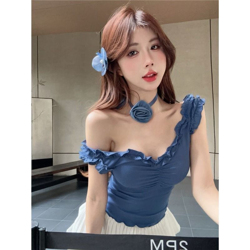 여름 타이트 인사이드 가져 가라. 만나는 핫걸 쇼트 스타일 외출용 맨위 파란색 프릴 V넥 주름 캐미솔