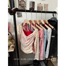 批发实拍实价 小露香肩假两件长袖T恤女春夏挂脖<b class='q'>露肩</b>显瘦<b class='q'>上衣</b>薄款罩衫