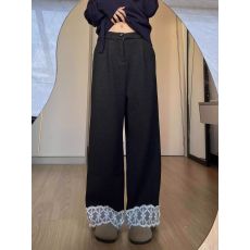 批发2025早春季新款羊毛绒<b class='q'>蕾丝</b>拼接撞色休闲<b class='q'>西装</b>阔腿裤女直筒百搭长裤