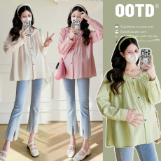 批发实拍秋装新款2025孕妇时尚宽松长袖娃娃衫纯色减龄衬衫百搭上衣