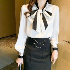 批发法式春秋新款蝴蝶结职业OL<b class='q'>长袖</b>减龄气质<b class='q'>衬衫</b>上衣