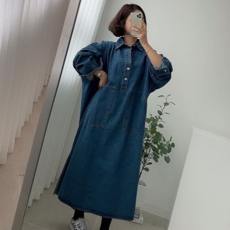 한국 chic 다용도 레트로 느긋한 바람 캐주얼 루즈핏 폴로 칼라 빅 포켓 데님 여성 드레스