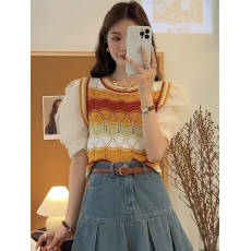 批发天猫抖音质量夏季新款<b class='q'>韩版</b>圆领假两件<b class='q'>针织衫</b>条纹针织拼接泡泡袖