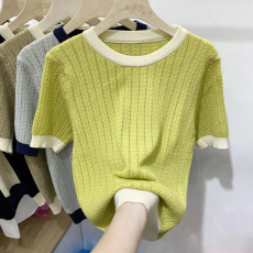 批发天猫抖音质量夏季薄款学院风复古别致上衣小香风镂空撞色针织短袖