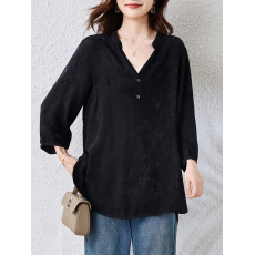 批发实拍 V领提花黑色衬衫女26年秋季新款九分袖上衣<b class='q'>大码</b><b class='q'>女装</b>