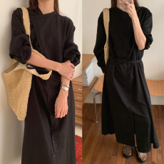 批发实拍 复古赫本风 独特斜扣设计 单排扣<b class='q'>衬衫</b>式宽松系带连衣裙