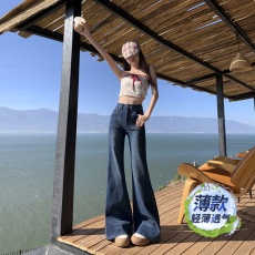 批发2025春装美式复古水洗猫须压褶喇叭牛仔<b class='q'>裤</b>弹力新款马蹄喇叭<b class='q'>裤</b>子