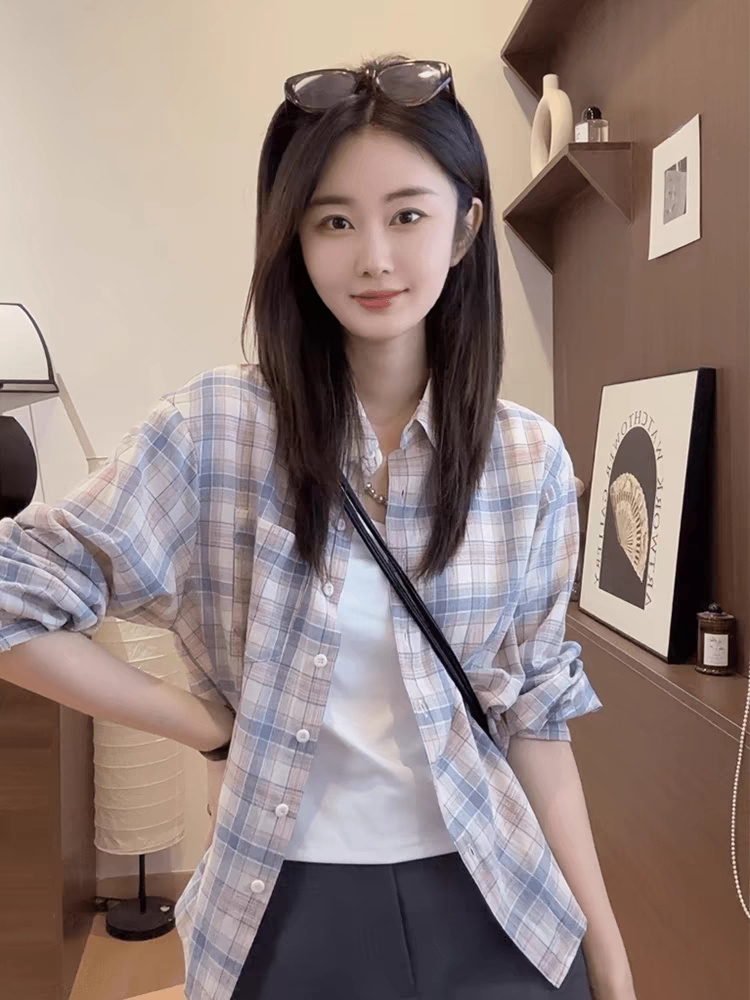 캐주얼 격자 무늬 셔츠 봄 여름 얇은 스타일 2026 새로운 긴팔 루즈핏 외부 가져 가라. 자외선 차단 카디건 코트 여성 셔츠