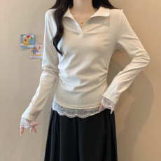 批发实拍大码女装胖mm春季设计感蕾丝拼接翻领假两件上衣显瘦长袖T桖