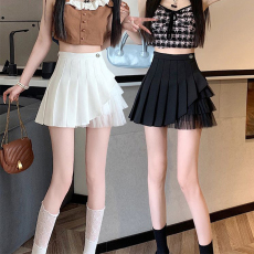 批发不规则纯色百褶裙女夏季小个子高腰半身裙网纱拼接a字包臀短<b class='q'>裙子</b>